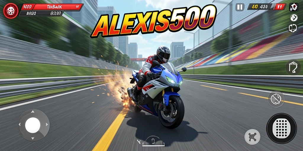 Tampilan gameplay menegangkan dalam ALEXIS500 saat balapan motor.