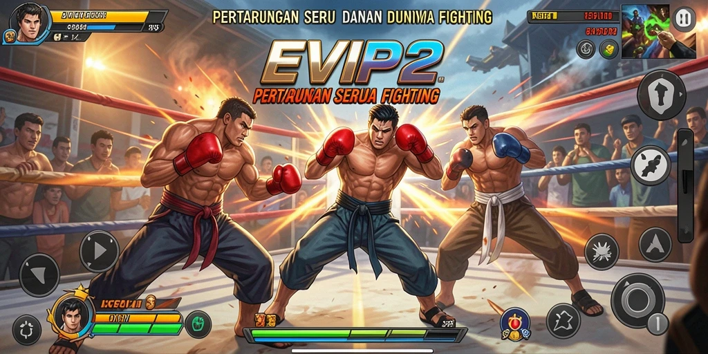 Screenshot gameplay EVIP2 menampilkan aksi bertarung yang intens dan dinamis.