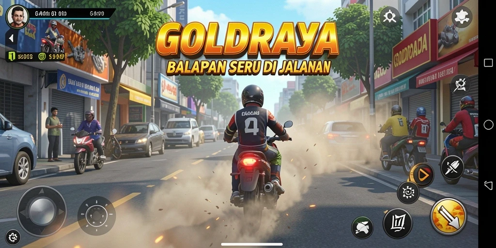 Gameplay seru di GOLDRAJA dengan balapan menegangkan.