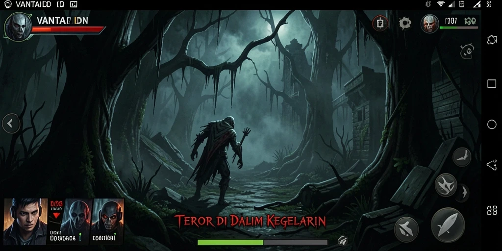Tangkapan layar gameplay VANTAIDN menampilkan suasana horor yang mencekam.